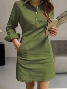 Vestido corto elegante de mujer con manga larga, estilo de moda casual con solapa y decoración de botones, para primavera y otoño - Verde militar - Ver 5