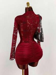 Blusa de encaje para mujer con vestido mini ajustado de tul rojo vintage con cordón en el bajo, estilo bohemio para fiesta - Rosa Roja - Ver 6