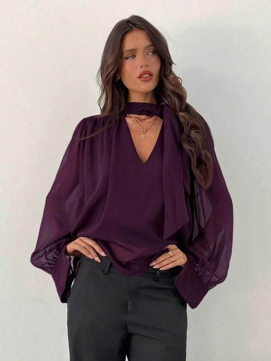 Blusa elegante de gasa con cuello en V profundo y mangas largas con lazo para mujer - Morado 2 - Ver 1