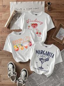 Set de 3 camisetas cortas de mujer de manga corta con cuello redondo, estampado de vaso de cóctel y estilo minimalista casual - Blanco - Ver 4