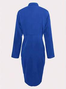 Vestido con fruncidos y botones delanteros, vestido ajustado elegante con botones delanteros, ropa de de primavera - Azul - Ver 3