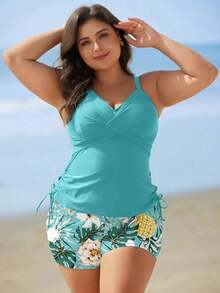 Swim Lushoire Set de 2 piezas de tankini con estampado floral para mujeres de talla grande - Azul menta 2 - Ver 5