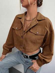 Chaqueta corta de pana con detalle de solapa en el hombro para otoño/invierno - Marrón - Ver 6