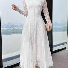 Women's Elegant Contrast Lace Pleated Waist Long Sleeve Dress - Blanco - Ver 5