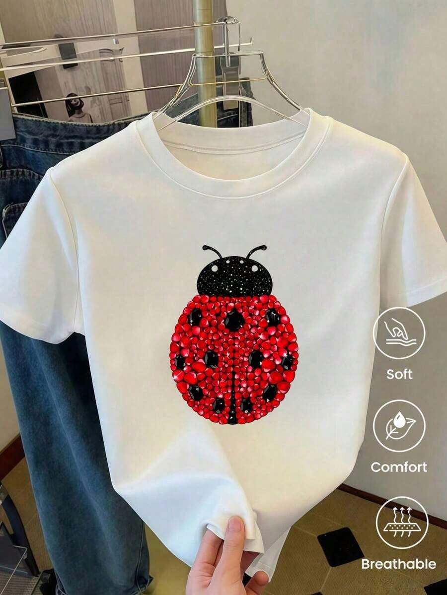Short-Sleeved T-Shirt For Spring/Summer 2026, Made In Mexico, 180 Grams. Cartoon Print, Couple Design, Suitable For Indoor Or Outdoor Wear. Crew Neck, Unisex, Ideal For Office And Leisure. One-Pack. - 白色的 - 查看 1