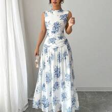 Women's Elegant Floral Print Ruched Waist Sleeveless Casual Dress - Amarillo - Ver 5