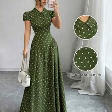 Elenzya Women's Woven Polka Dot Print Fabric Turndown Collar Button Front Gathered Lantern Sleeve Waist Gathered A-Line Elegant Vintage Fashion Business Commute Outing Holiday Black & White Polka Dot Dress, Spring/Summer - Verde Oscuro - Ver 1