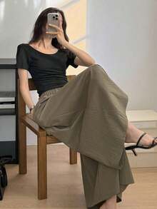 Pantalones anchos y cortos de unicolor elegantes y holgados para mujer, adecuados para el verano y el otoño - Marrón - Ver 6