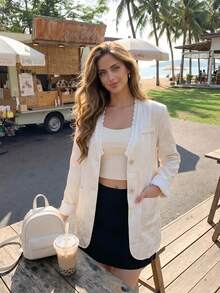 White Elegant Lace Patchwork Blazer Women's Luxury 2026 Autumn New Arrival High-End Casual Loose V-Neck Oversized Silhouette Suit Jacket - Apricot - View 5
