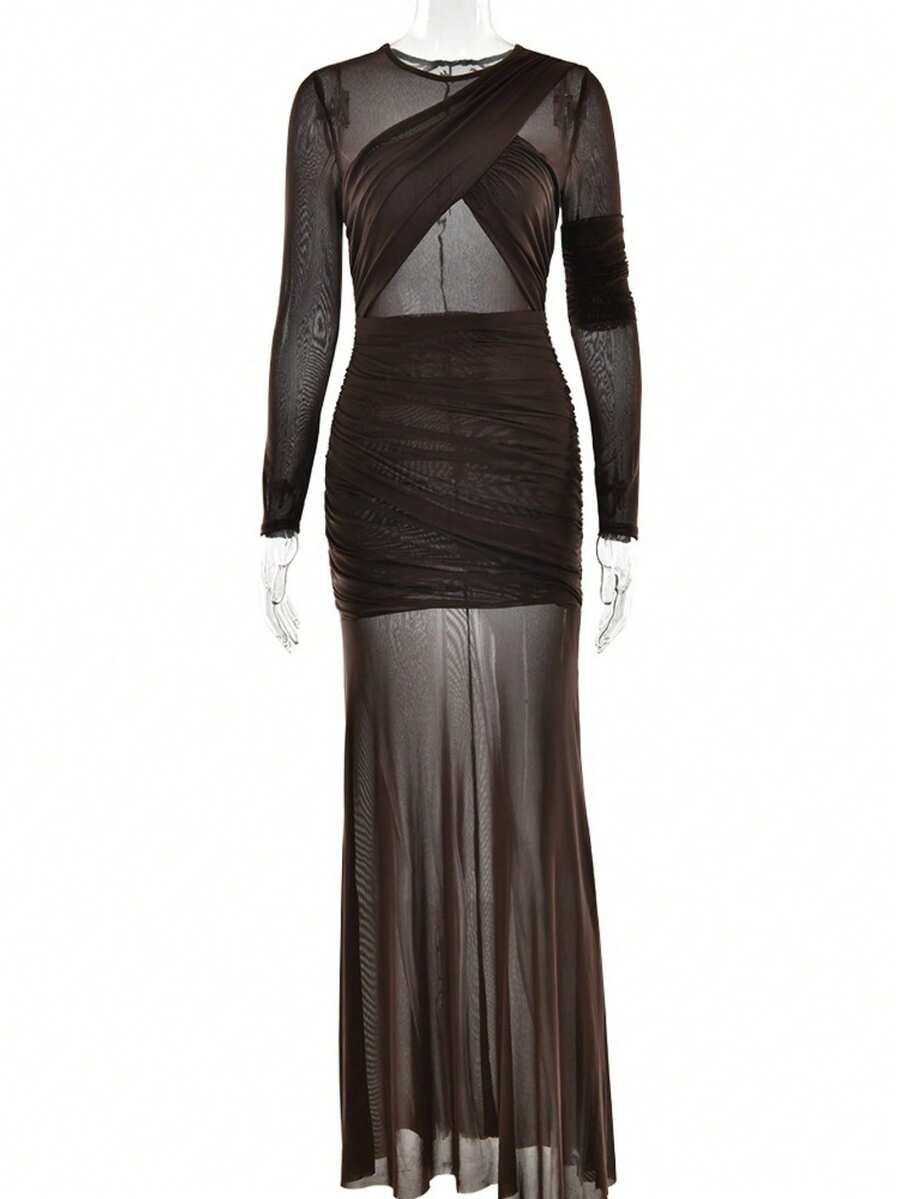Vestido largo malla transparente manga larga plisado, corte ajustado estilo chic sensual moda - Rosa Fucsia - Ver 1