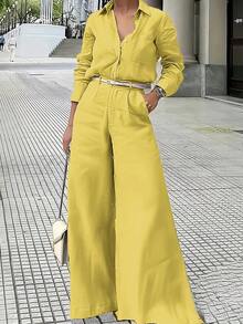 2 piezas Conjunto de ropa de verano elegante para mujer, ropa de verano casual ajustada, disfraz de carnaval que incluye camisa tipo cárdigan y pantalones de pierna ancha de cintura elástica, conjunto de Día de San Patricio para damas - Amarillo - Ver 8
