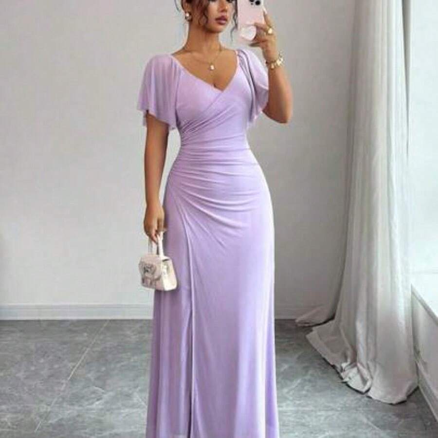 Elenzya Women's Light Purple V-Neck Ruffle Sleeve Pleated Waist Split Dress, Elegant Bridesmaid Dress, Party Gown, Spring/Summer - Morado - Ver 1