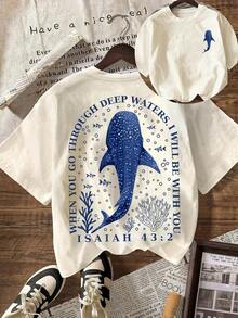 Christian Whale Shark Graphic T-Shirt, Bible Verse T-Shirt, Ocean Faith, Women's Casual Short Sleeve Crew Neck T-Shirt, Summer Vacation Beach Outfit - 淺杏色 - 查看 6