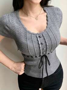Blusa de punto con mangas cortas, empalme de corazón y cordón de ajuste para mujer - Gris - Ver 4