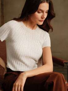 Blusa de punto semitransparente con decoración de strass y mangas cortas elegante para mujer - Blanco - Ver 5