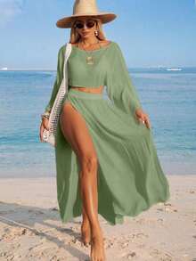 Swim Vcay Conjunto de dos piezas de cubrecuerpo casual de manga larga y abertura para la playa en color blanco para mujer - Verde militar - Ver 6