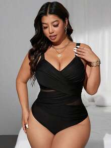 Swim  Traje de baño de una pieza de corte slim, con parches de malla de dos tonos y cruzados, para mujer de talla grande.Ideal para el verano y las vacaciones en la playa. - Negro - Ver 6