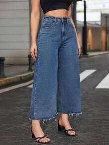 Tall Pantalones capri de mezclilla lavada de cintura alta y pernera ancha con bolsillos para mujer - Azul lavado oscuro - Ver 4