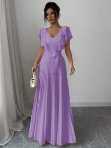 Vestido elegante y romántico de mujer con cuello en V, cintura con volantes y silueta en A - Púrpura malva - Ver 6