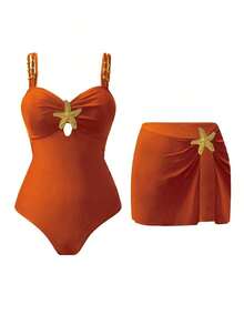 Swim Oasis 1 pieza Traje de baño de una sola pieza casual de vacaciones con decoración de pentágono lindo para mujer - Naranja - Ver 5