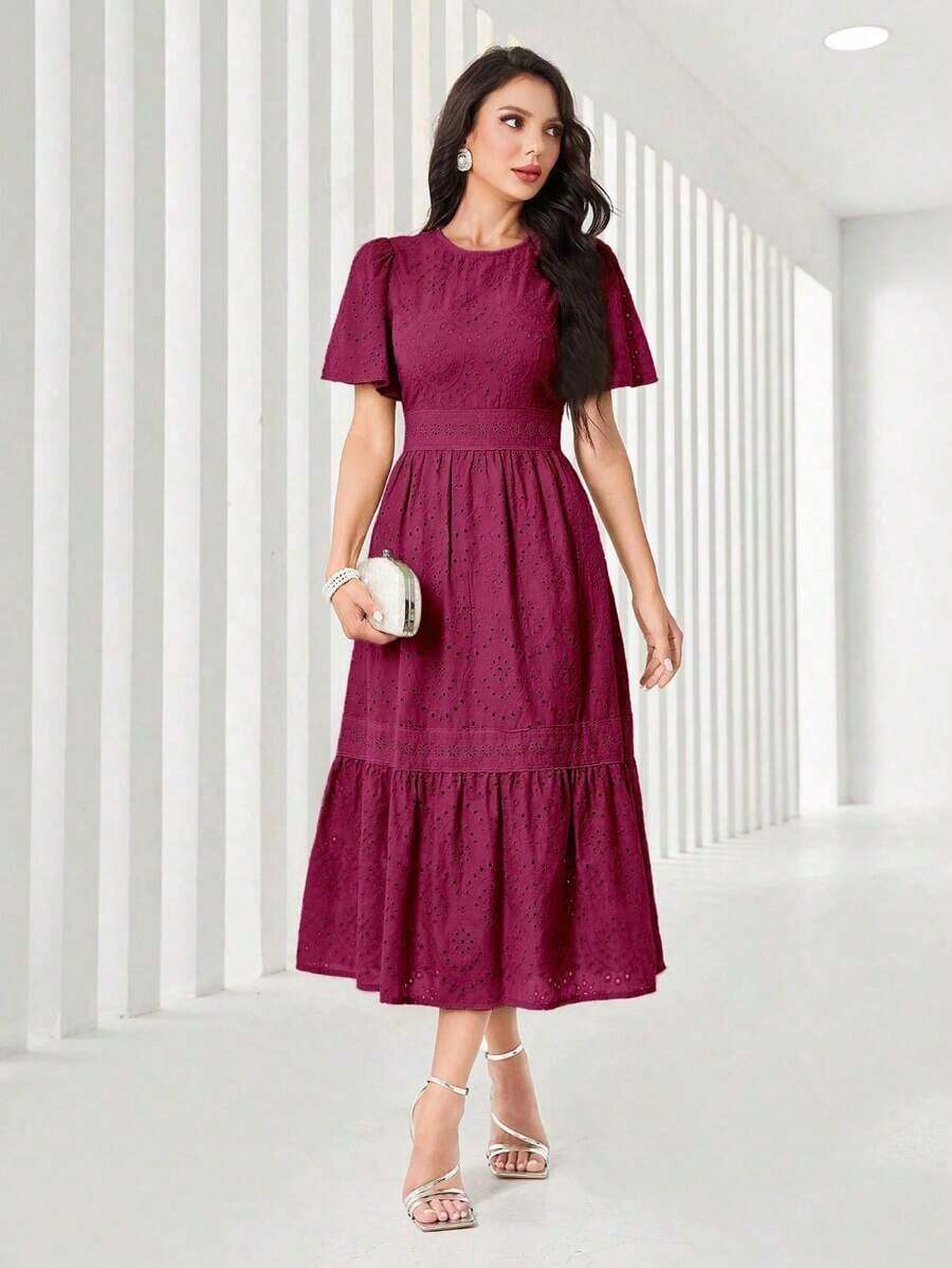 Vestido midi de mujer con cuello redondo, mangas con volantes, bordado y dobladillo con volantes - Rojo violeta - Ver 1