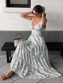 Vestido con dobladillo suelto de parches y corbata al cuello, estilo sencillo y casual para vacaciones para mujeres - Blanco - Ver 1