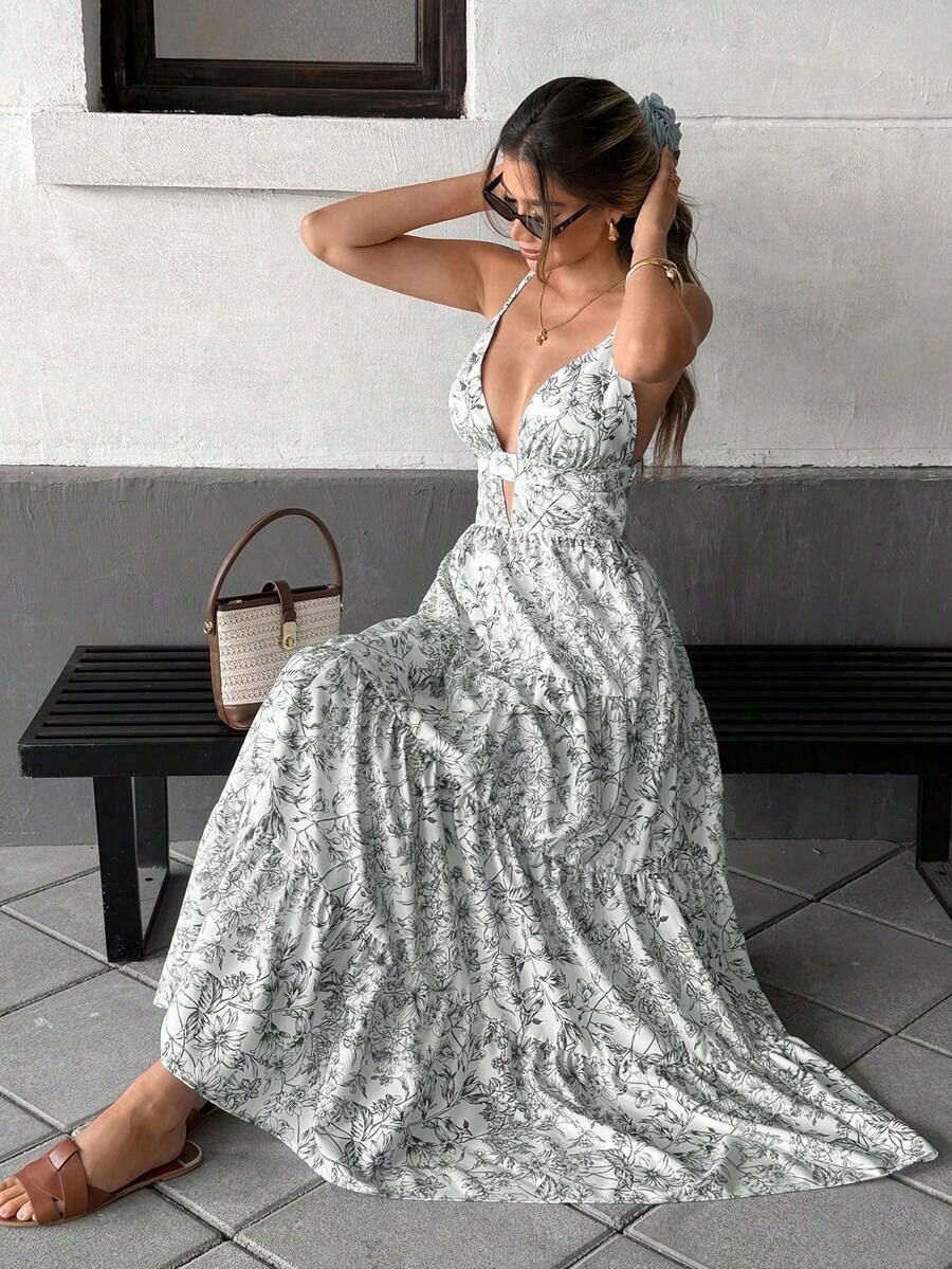 Vestido con dobladillo suelto de parches y corbata al cuello, estilo sencillo y casual para vacaciones para mujeres - Blanco - Ver 1