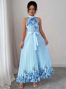 Vestido holgado de verano elegante con estampado floral y cuello halter para mujer - Azul - Ver 5