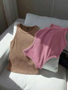Conjunto de 2 piezas de suéter sin mangas de mujer de algodón con efecto desgastado y teñido ácido en dos tonos vintage - Rosa Fucsia - Ver 6