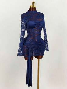 Blusa de encaje para mujer con vestido mini ajustado de tul rojo vintage con cordón en el bajo, estilo bohemio para fiesta - Azul marino - Ver 7