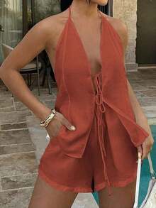 Conjunto de 2 piezas de top con escote en V y espalda descubierta con lazo, y shorts elásticos para mujer, adecuado para el hogar, la playa, citas, festivales de música, San Valentín y otras ocasiones, elegante en negro para el verano - Óxido marrón - Ver 7
