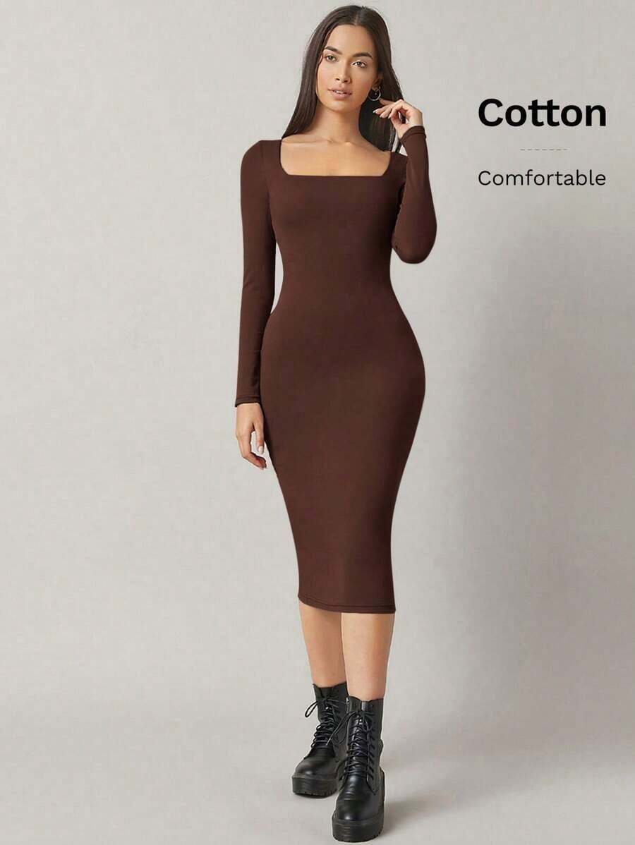 BASICS Vestido ajustado de cuello cuadrado unicolor - Café integral - Ver 1
