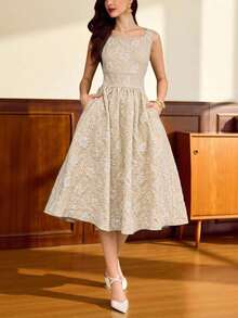 Vestido elegante sin mangas de cuello cuadrado con bolsillo de unicolor vintage para mujer, atuendo de verano, vestido de invitada de boda, vestido de regreso a la escuela, vestido de cumpleaños elegante para mujer, atuendo de cumpleaños elegante para mujer, atuendo de vacaciones para mujer, vestido elegante para mujer en otoño, ropa de mujer para vacaciones, vestido de iglesia para mujer, atuendo de iglesia para mujer, atuendo de festival para mujer, estilo de dinero antiguo, atuendo de brunch para mujer - Caqui - Ver 9