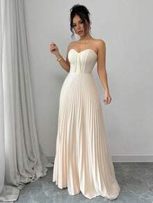 Vestido elegante y romántico con cintura fruncida y bajo en línea A para mujeres - Albaricoque - Ver 3