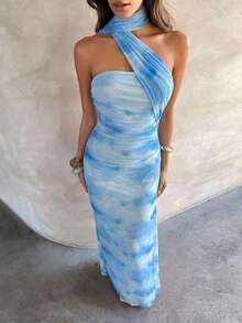Vestido de mujer elegante y sexy con estampado floral de malla - Celeste - Ver 3