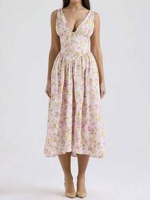 Vestido largo primavera plisado con hombros al descubierto estampado elegante y favorecedor estilo europeo - Rosa - Ver 3