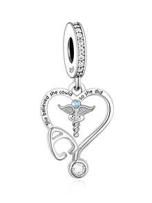 HuooNew 1pc 925 Sterling Silver Inspirational Pendant Set, Including Nurse, Theater, Lucky And Statue Of Liberty Pendants, Suitable For Bracelets, Hypoallergenic Jewelry Gift - Silver - View 12
