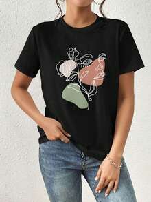 Camiseta de manga corta para mujer con estampado de rostro abstracto y flores, apta para uso diario, salidas casuales, fines de semana y vacaciones, estilo relajado, de cuello redondo, confeccionada en poliéster, ideal para primavera y verano. Envío nacional disponible en México. - Negro - Ver 1