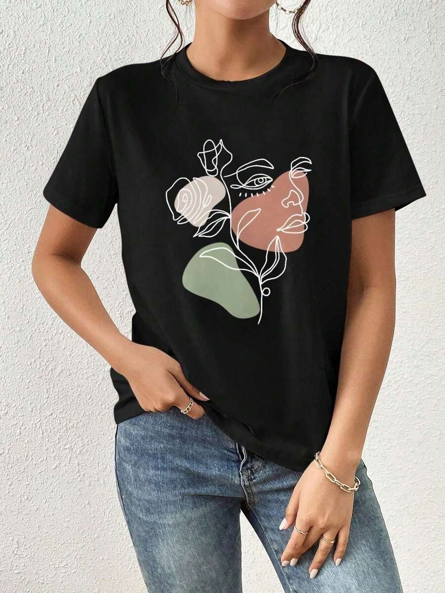 Camiseta de manga corta para mujer con estampado de rostro abstracto y flores, apta para uso diario, salidas casuales, fines de semana y vacaciones, estilo relajado, de cuello redondo, confeccionada en poliéster, ideal para primavera y verano. Envío nacional disponible en México. - Negro - Ver 1
