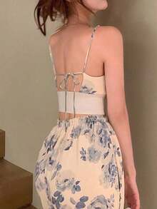 Petite Conjunto de 2 piezas: Top corto tipo camiseta con estampado y pantalones de cintura alta con pernera ancha - Multicolor 2 - Ver 2