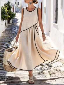 Holidaya Vestido casual de vacaciones con borde de color contrastante, bolsillo asimétrico, vestido largo casual, vestido de primavera/verano para mujer - Albaricoque - Ver 3