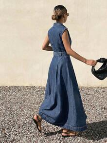 Vestido de mezclilla de unicolor con cuello y cintura ceñida sin mangas para mujer - Azul lavado oscuro - Ver 2