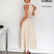 Women's 100% Cotton Shirt Collar Sleeveless Contrast Trim Flared Midi Dress, Ladies Linen Clothing Elegant Summer Evening Dress Formal - Camel - Ver 4