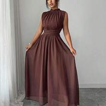 Elenzya Women's Spring/Summer French Romantic Sicily Elegant Casual Commute Vacation Afternoon Tea Party Solid Color Chiffon Stand Collar Loose Criss-Cross Tie Waist A-Line Bow Tie Sleeveless Lined Maxi Dress - Agua verde azul - Ver 4