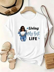 La impresión muestra a una mujer a la moda junto con las palabras "Living My Best LIFE". Camiseta Deportiva Casual de Manga Corta con Cuello Redondo y Estampado Personalizado para Mujer, Top Cómodo - Blanco - Ver 4