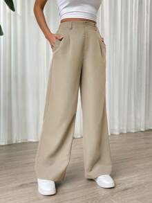 Pantalones rectos de cintura alta de color liso informal - Albaricoque - Ver 12