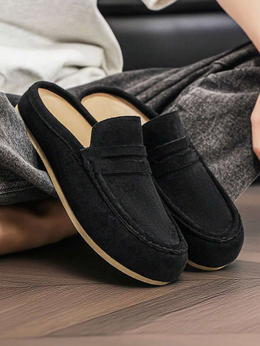 1 Pair Retro Black Suede Mule Loafers, Slip-On Casual Shoes, Street Style For Spring & Autumn