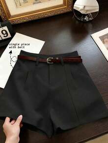 cortos de mujer de estilo francés, sencillos y de moda, tejidos en color albaricoque sólido, de estilo casual y para ir al trabajo, con cinturón; de corte retro, cintura alta, silueta evasé y pernera ancha; pantalones cortos elegantes - Negro - Ver 3