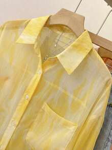 Camisa de protección solar con efecto tie-dye dulce para mujer, de cuello de solapa y manga larga, informal para exteriores/vacaciones, holgada, transpirable y ligera, estilo camisa, color rosa, para primavera/verano - Amarillo - Ver 6