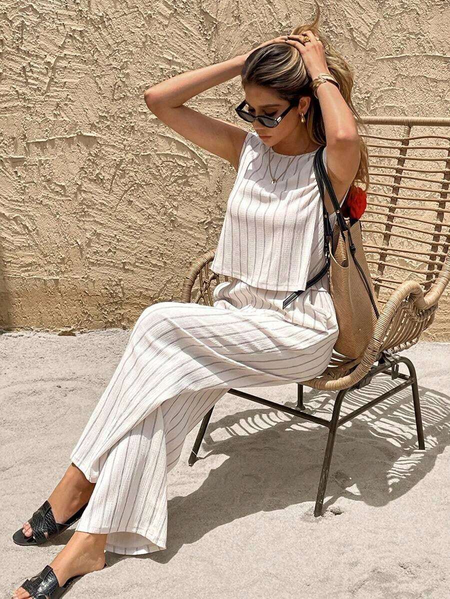 Conjunto de 2 piezas de top de tirantes casual a rayas y pantalones rectos para mujer, para verano - Albaricoque - Ver 1